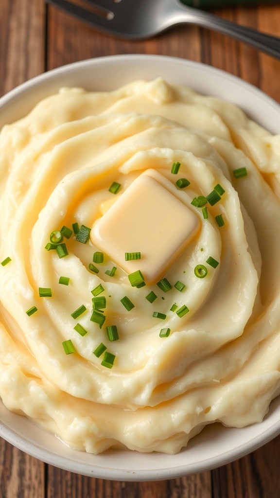 A bowl of creamy mashed potatoes with butter and chives on a rustic table.